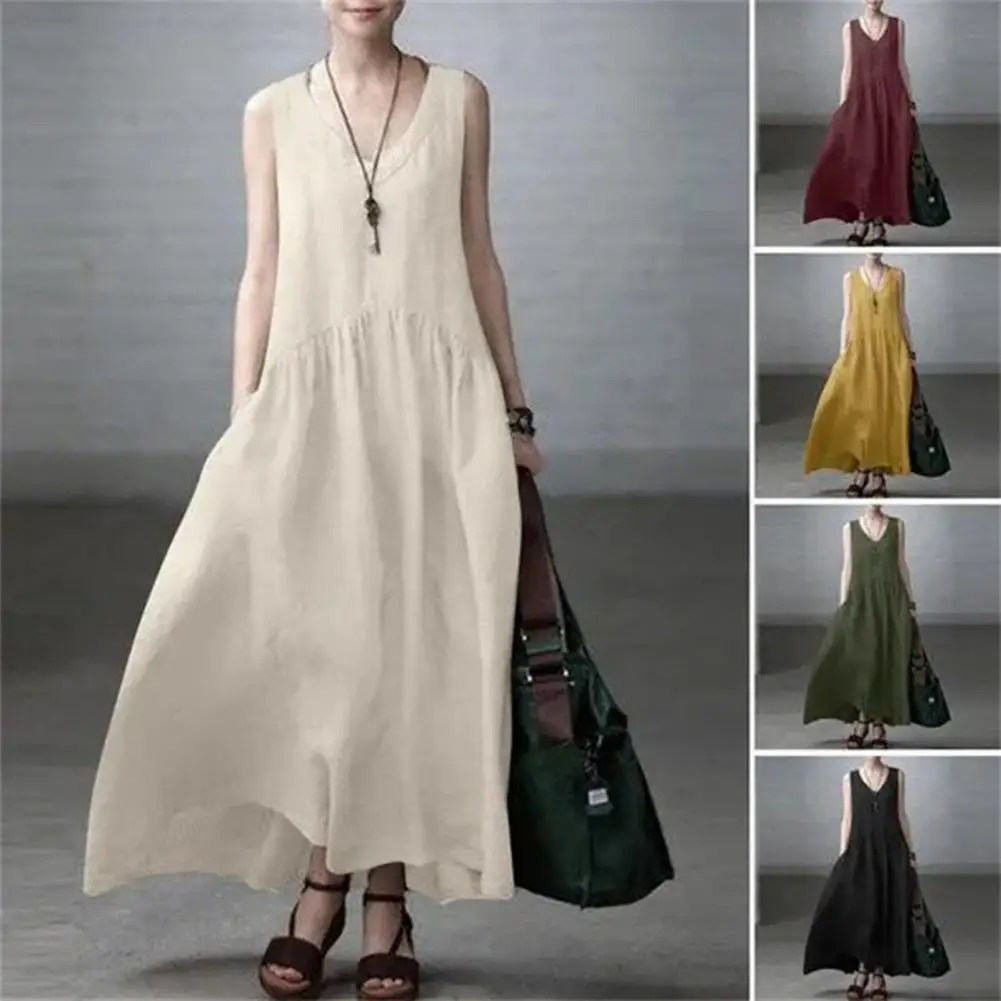 Women Cotton Linen Dress Elegant Women's Summer Cotton Linen Maxi Dress with V Neck Pleated Flowy Beach Sundress Tank for Female
Women Cotton Linen Dress Elegant Women's Summer Cotton Linen Maxi Dress with V Neck Pleated Flowy Beach Sundress Tank for Female