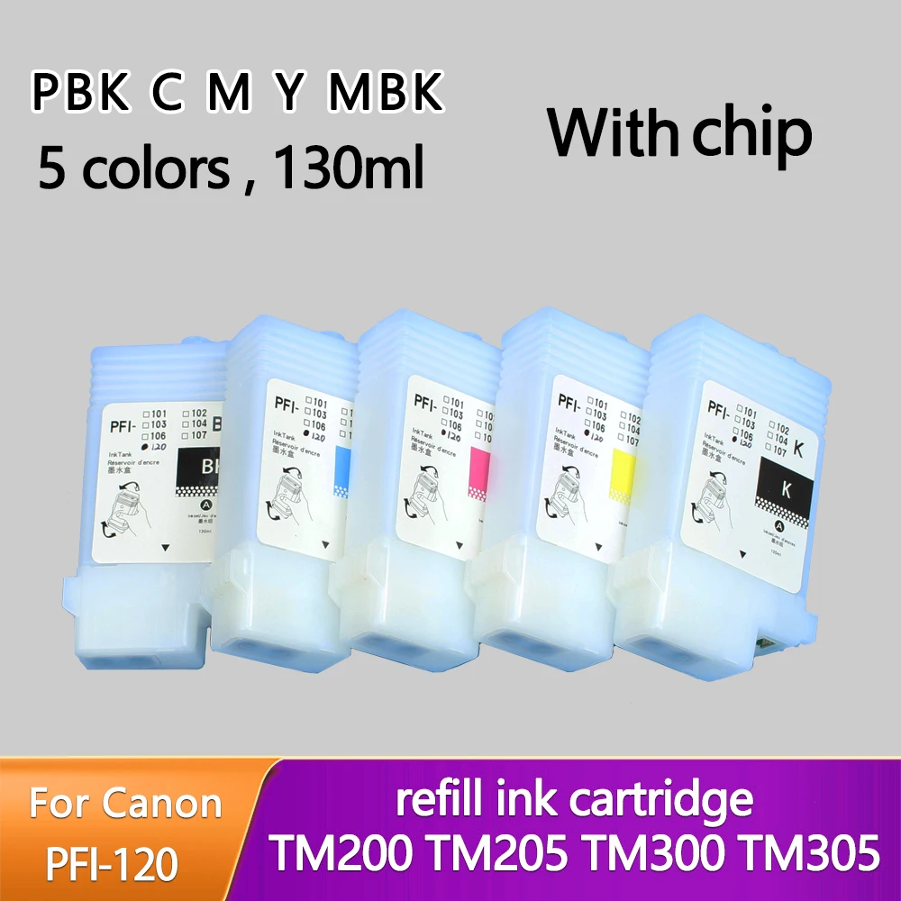 5 цветов, 130 мл, PFI 120 многоразовых картриджей с чипами для Canon TM200 TM205 TM300 TM305, пустые картриджи
5 цветов, 130 мл, PFI 120 многоразовых картриджей с чипами для Canon TM200 TM205 TM300 TM305, пустые картриджи