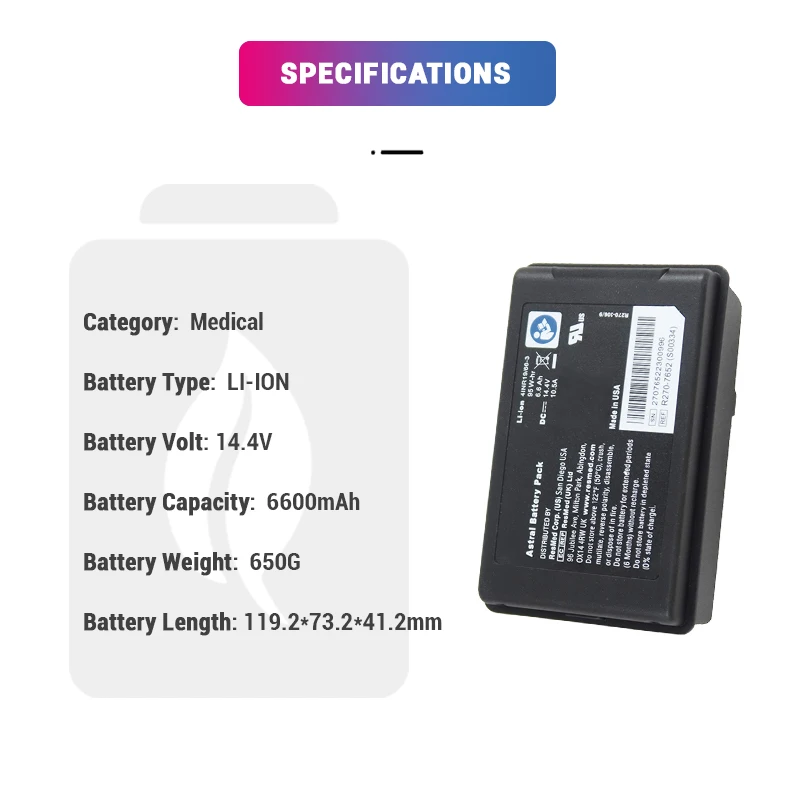 Lithium-Ion LI-ION 14.4V 6600mAh Replacement R270-7652 for RES MED A stral 150 Ve ntilator Ultr alife Ve nt ilator Battery
Lithium-Ion LI-ION 14.4V 6600mAh Replacement R270-7652 for RES MED A stral 150 Ve ntilator Ultr alife Ve nt ilator Battery