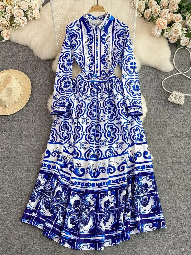 Runway Autumn Women Lapel Button Up Long Sleeve Blue and White Porcelain Flower Print Slim Big Swing Long Party Vestidos
Runway Autumn Women Lapel Button Up Long Sleeve Blue and White Porcelain Flower Print Slim Big Swing Long Party Vestidos