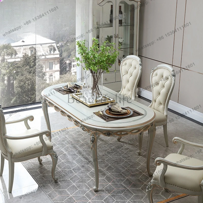 French light luxury solid wood long dining table household simple European oval dining table and chair combination
French light luxury solid wood long dining table household simple European oval dining table and chair combination