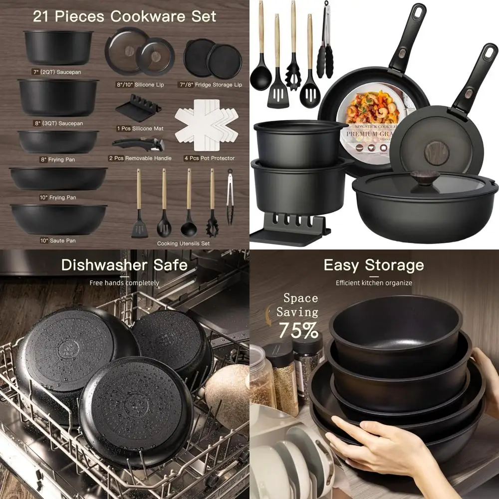 Ceramic Non-Stick RV Cookware Set, 21-Piece, Detachable Handle, Oven & Induction Safe, Stackable, Black
Ceramic Non-Stick RV Cookware Set, 21-Piece, Detachable Handle, Oven & Induction Safe, Stackable, Black