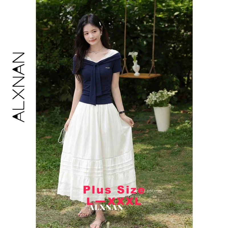 ALXNAN Plus Size Women's T-shirt Navy Blue Off-shoulder Lace Short Sleeve T-shirts Summer Elegant Slim-fit Female Tops D63992A
ALXNAN Plus Size Women's T-shirt Navy Blue Off-shoulder Lace Short Sleeve T-shirts Summer Elegant Slim-fit Female Tops D63992A