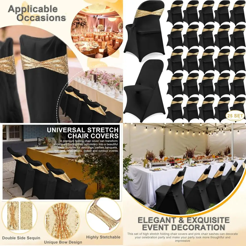 50 упаковок чехлов на стулья из спандекса с 25 поясами с блестками, двусторонними бантами и моющимися защитными сиденьями для свадьбы (черный, золотой)
50 упаковок чехлов на стулья из спандекса с 25 поясами с блестками, двусторонними бантами и моющимися защитными сиденьями для свадьбы (черный, золотой)