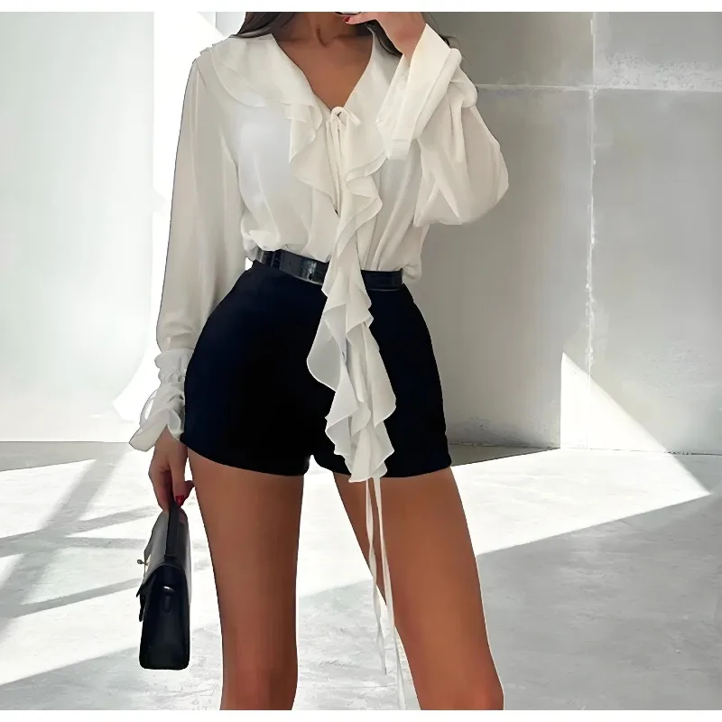 Elegant Women's Shirt Autumn 2025 Fashionable Sweet V-neck Bell Sleeve Ruffle Hem Button-up Top Full Sleeve Pure Color Shirts 
Elegant Women's Shirt Autumn 2025 Fashionable Sweet V-neck Bell Sleeve Ruffle Hem Button-up Top Full Sleeve Pure Color Shirts