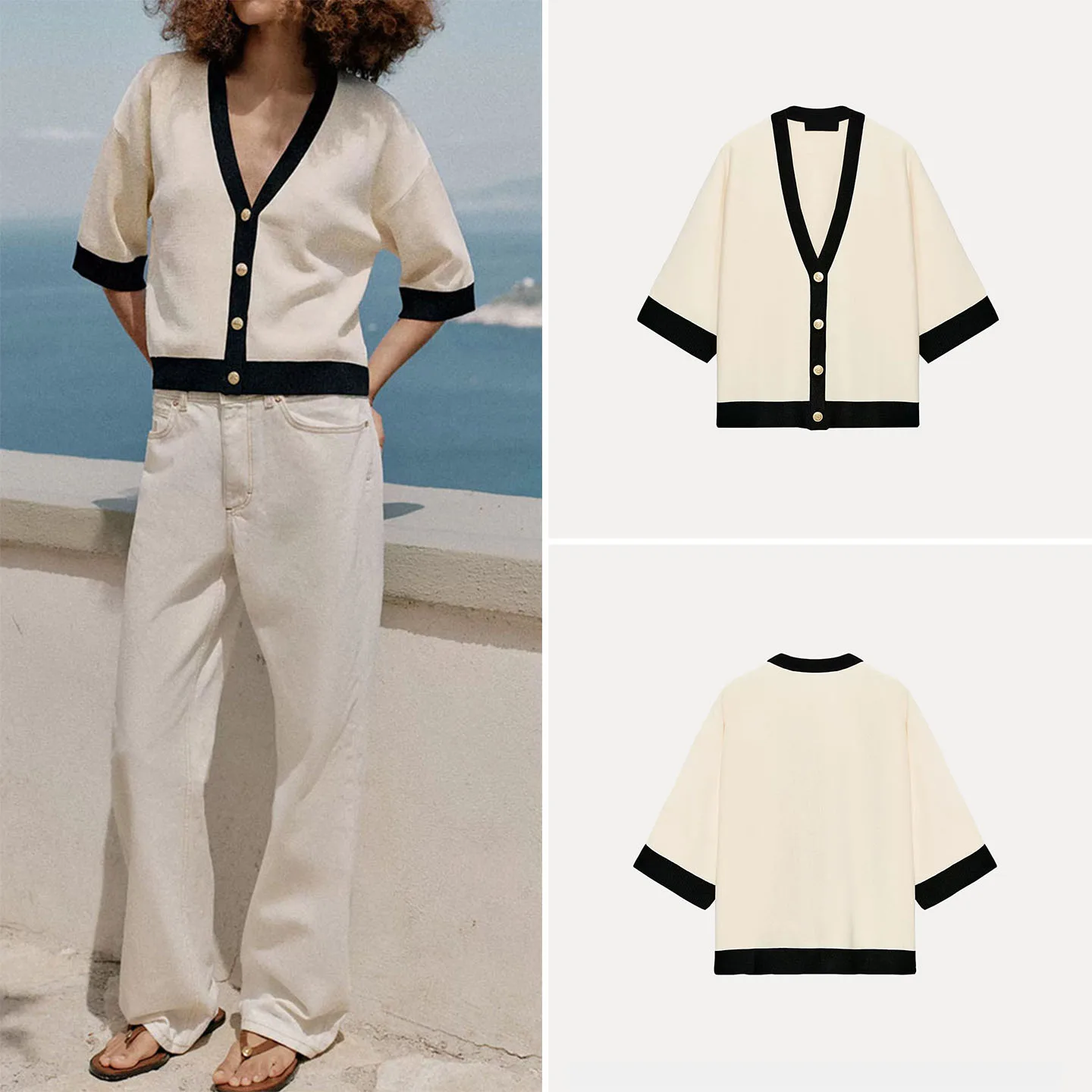 Loose Knitted V-Neck Seven-Quarter Sleeve Color Block Open Cardigan Women's Summer Fashion Casual European Style Shirt
Loose Knitted V-Neck Seven-Quarter Sleeve Color Block Open Cardigan Women's Summer Fashion Casual European Style Shirt