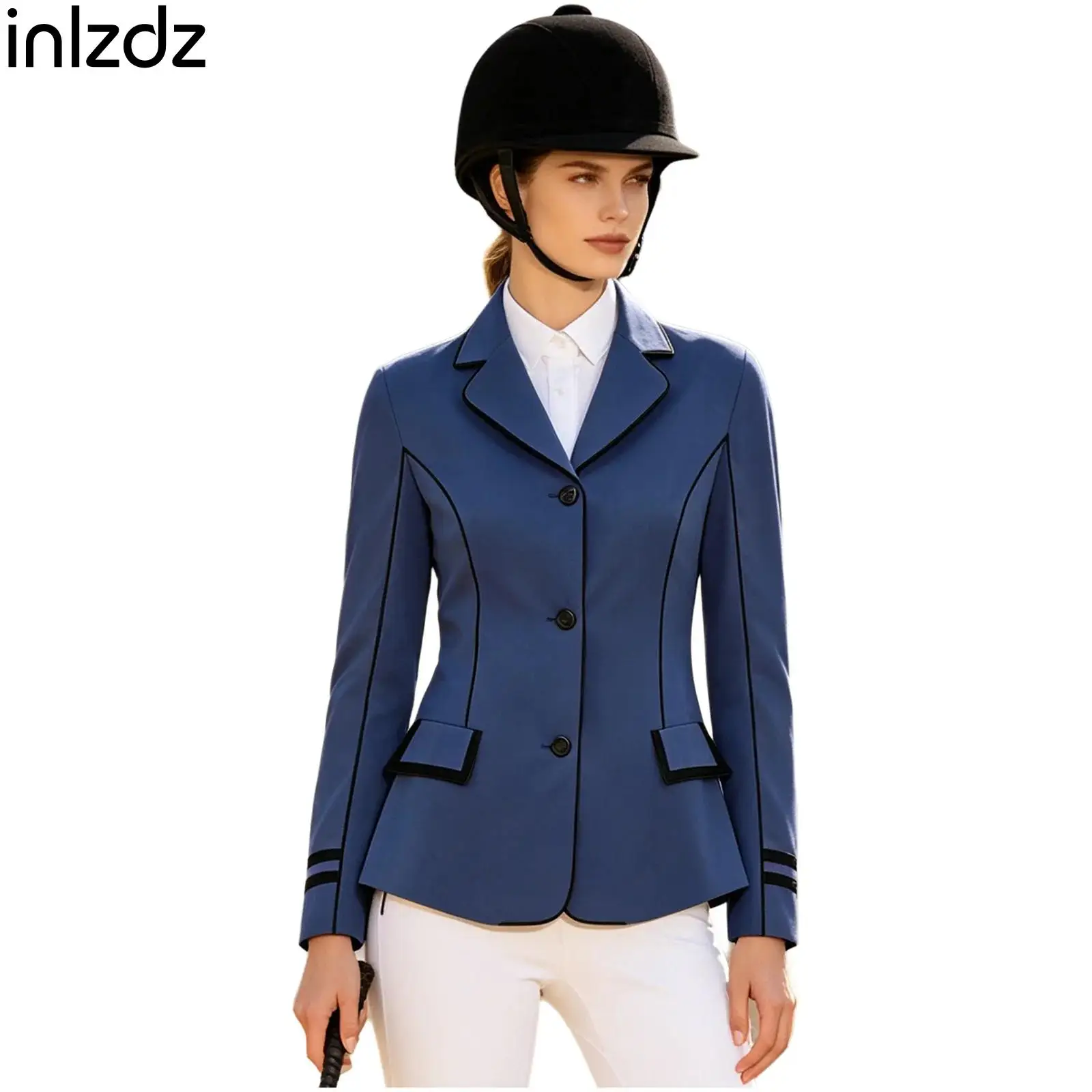 Women Equestrian Blazer Contrast Trim Lapel Collar Long Sleeve Button Horse Riding Jacket Outerwear with Pockets
Women Equestrian Blazer Contrast Trim Lapel Collar Long Sleeve Button Horse Riding Jacket Outerwear with Pockets