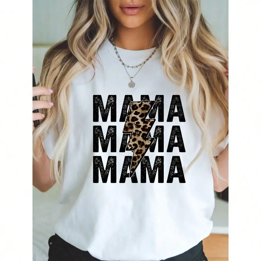 Women's Round Neck T-Shirt with MAMA Graphic and Leopard Print Lightning Bolt Design Short Sleeves Perfect for Mom's Daily Style
Women's Round Neck T-Shirt with MAMA Graphic and Leopard Print Lightning Bolt Design Short Sleeves Perfect for Mom's Daily Style