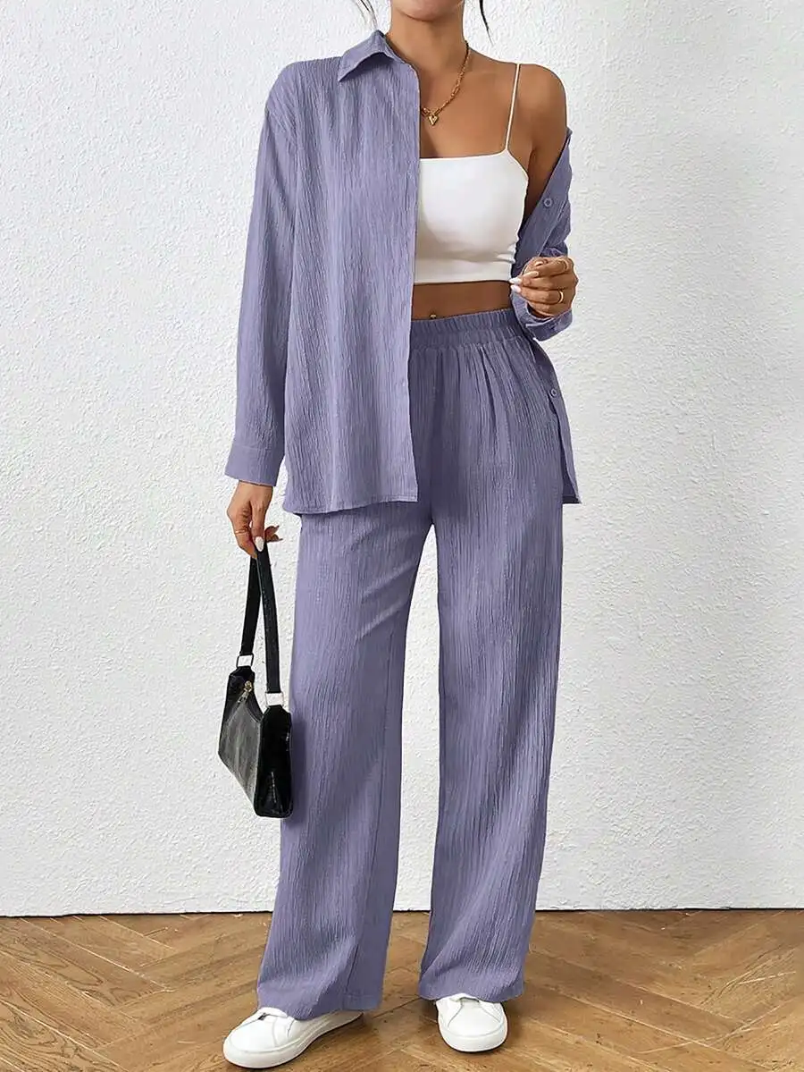 Women Solid Color Long Sleeve Shirt And Wide Leg Pants Set Purple
Women Solid Color Long Sleeve Shirt And Wide Leg Pants Set Purple