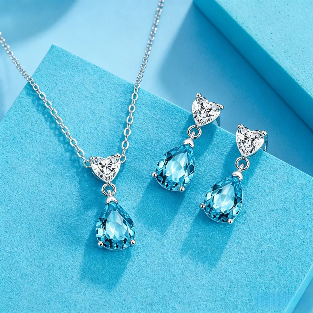 925 Sterling Silver Blue Crystal Jewelry Set, Heart Zircon & Teardrop Pendant Necklace Earrings for Women, Bridal Party Jewelry
925 Sterling Silver Blue Crystal Jewelry Set, Heart Zircon & Teardrop Pendant Necklace Earrings for Women, Bridal Party Jewelry