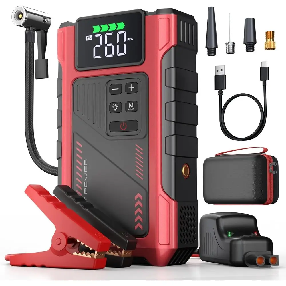 Portable 12V Car Jump Starter with Air Compressor, 150PSI Tire Inflator, and Jumper Cables for 9.0L Gas/7.5L Engines
Portable 12V Car Jump Starter with Air Compressor, 150PSI Tire Inflator, and Jumper Cables for 9.0L Gas/7.5L Engines