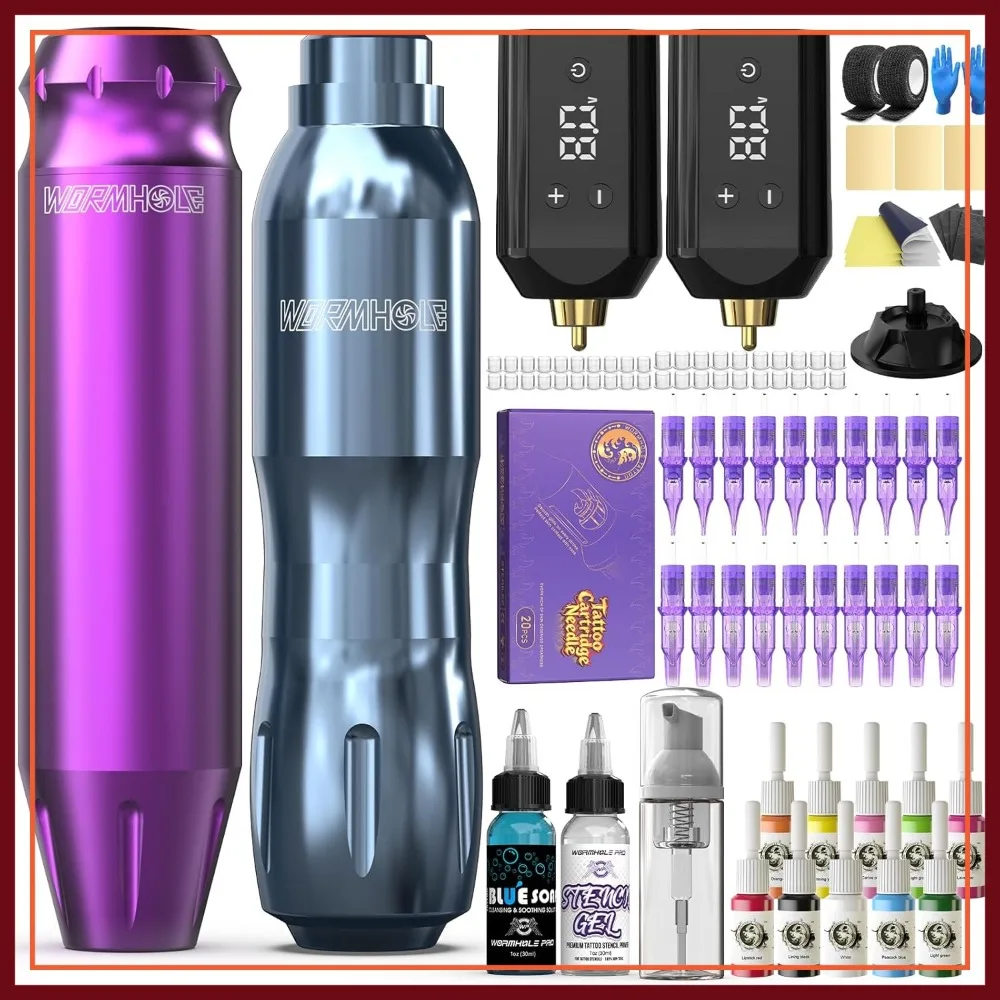Wireless Tattoo Kit for Beginners: 2 Rotary Guns, 2 Rechargeable Batteries, 20 Needles & 10 Inks
Wireless Tattoo Kit for Beginners: 2 Rotary Guns, 2 Rechargeable Batteries, 20 Needles & 10 Inks