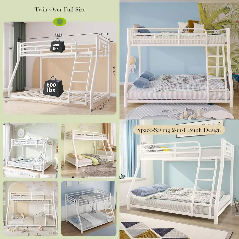 White Twin Over Full Bunk Bed with Safety Rail and Ladder
White Twin Over Full Bunk Bed with Safety Rail and Ladder