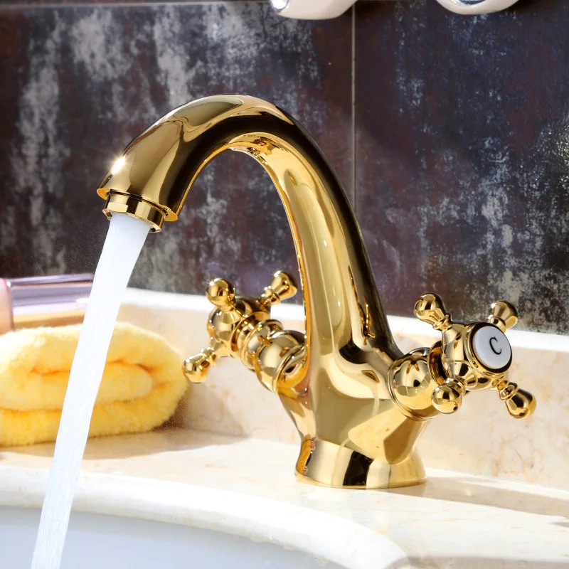 European style brass gold bathroom double handle single hole cold and hot countertop basin antique basin faucet
European style brass gold bathroom double handle single hole cold and hot countertop basin antique basin faucet