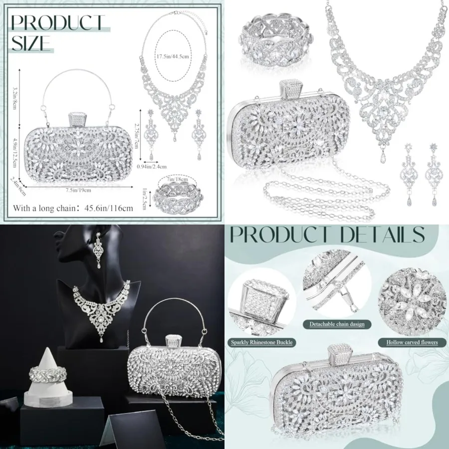 4 Pcs Purse Rhinestone Jewelry Set Evening Clutch Bag Bling Crystal Necklace Dangle Earrings Bracelets Accessories
4 Pcs Purse Rhinestone Jewelry Set Evening Clutch Bag Bling Crystal Necklace Dangle Earrings Bracelets Accessories