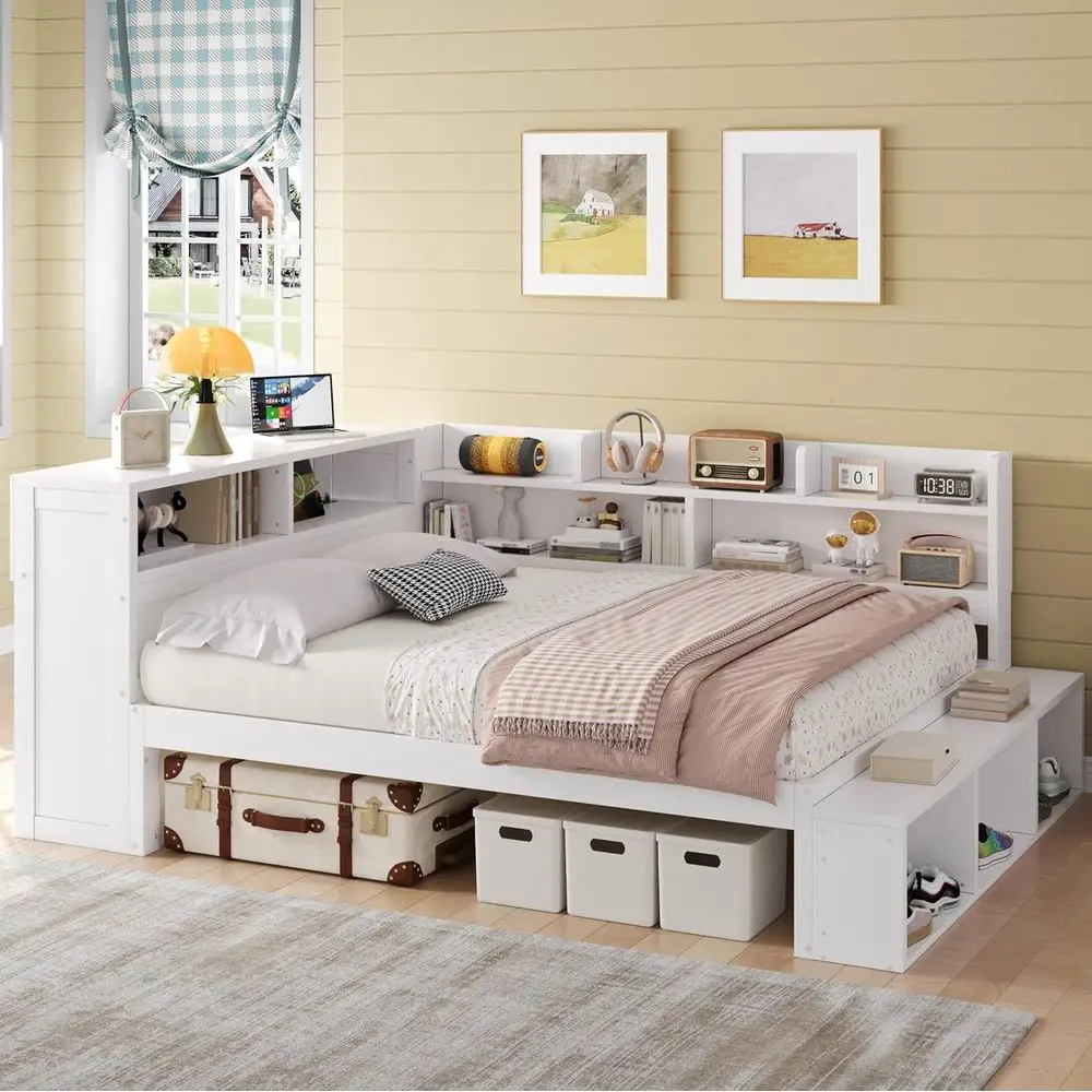 L-Shaped Wood Daybed with Bookshelf, Shoe Rack, Underbed Storage, and Charging Station - White
L-Shaped Wood Daybed with Bookshelf, Shoe Rack, Underbed Storage, and Charging Station - White