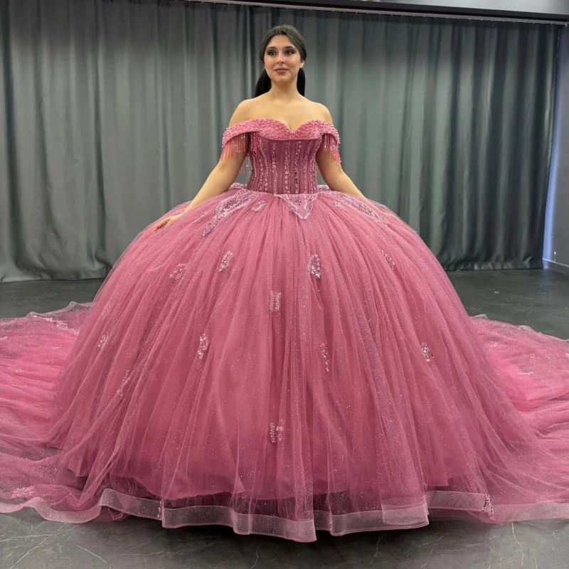 Pink Shiny Quinceanera Dresses Ball Gown Off The Shoulder Applique Lace Beading Crystal Tull Party Birthday Sweet 16 Dress Vesti
Pink Shiny Quinceanera Dresses Ball Gown Off The Shoulder Applique Lace Beading Crystal Tull Party Birthday Sweet 16 Dress Vesti