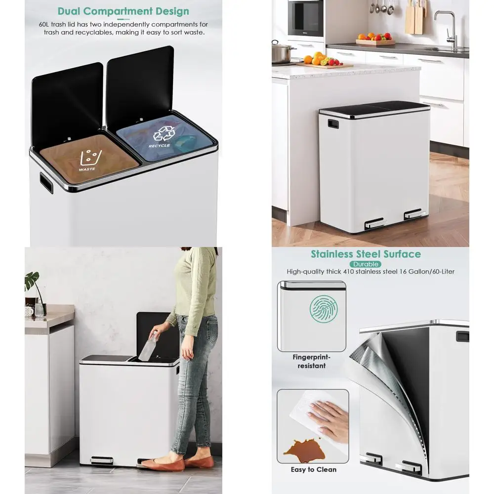 60L Dual Stainless Steel Kitchen Trash Can with Separate Compartments, Plastic Liners, Soft-Close Lid, Airtight, White
60L Dual Stainless Steel Kitchen Trash Can with Separate Compartments, Plastic Liners, Soft-Close Lid, Airtight, White