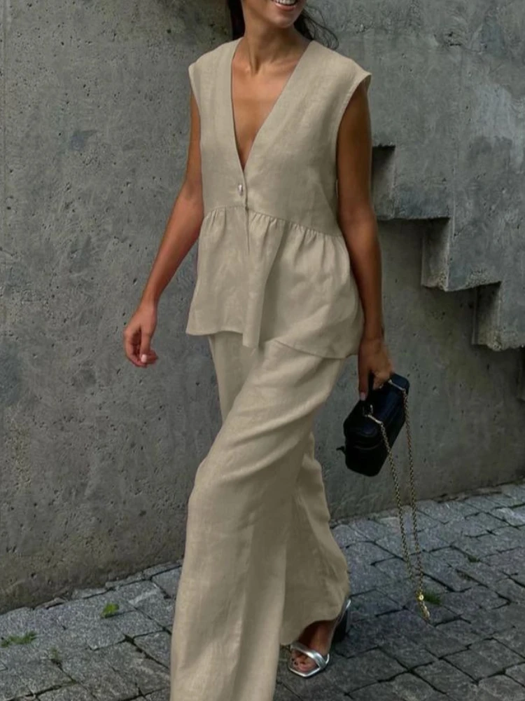 2025 Casual Chic Tops Sets Women Sleeveless Loose V-neck Button Shirt High Waist Wide Leg Pants Thin Female Suit Fashion New
2025 Casual Chic Tops Sets Women Sleeveless Loose V-neck Button Shirt High Waist Wide Leg Pants Thin Female Suit Fashion New