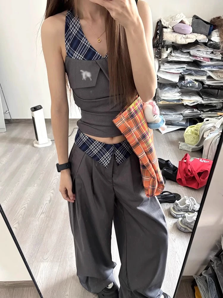 Gray Design Sense Splice Neck Hanging Vest Wide Leg Pants Two Piece Set Women's Commute Fashion Set Summer New Arrival
Gray Design Sense Splice Neck Hanging Vest Wide Leg Pants Two Piece Set Women's Commute Fashion Set Summer New Arrival