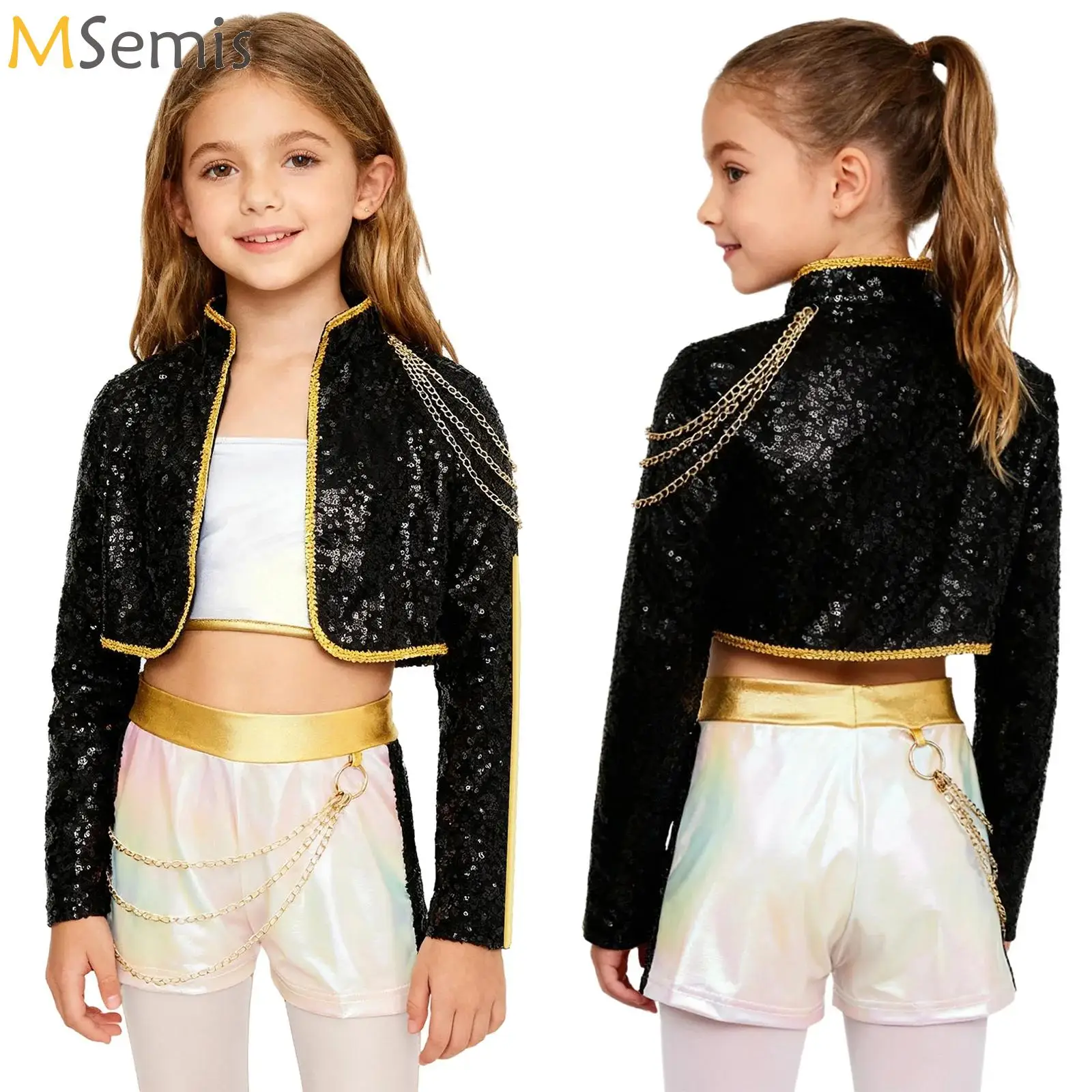 Big Girls 3Pcs Demon Cosplay Singer Outfit Iridescent Gloss Crop Top Long Sleeve Trim Sequins Outer Wear and Waist Chain Shorts
Big Girls 3Pcs Demon Cosplay Singer Outfit Iridescent Gloss Crop Top Long Sleeve Trim Sequins Outer Wear and Waist Chain Shorts