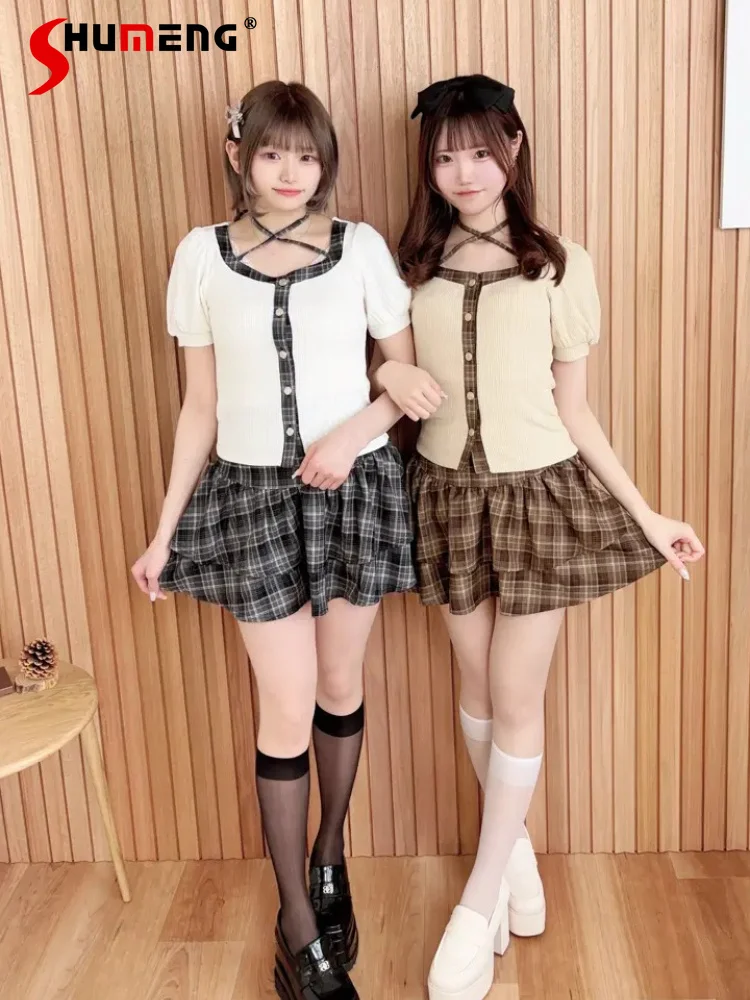 2026 Summer Japanese Sweet Elegant Retro Lace-up Halter Short-sleeved Knitted Top High Waist Short Skirt Two-piece Set for Women
2026 Summer Japanese Sweet Elegant Retro Lace-up Halter Short-sleeved Knitted Top High Waist Short Skirt Two-piece Set for Women