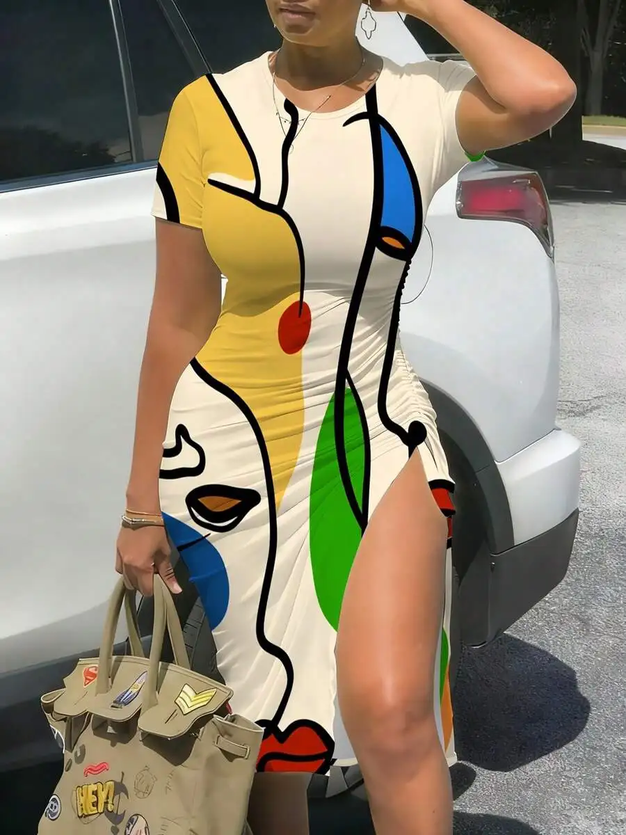 Women Short Sleeve Fitted Midi Dress With Slit Abstract Geometric Print Casual Knit
Women Short Sleeve Fitted Midi Dress With Slit Abstract Geometric Print Casual Knit
