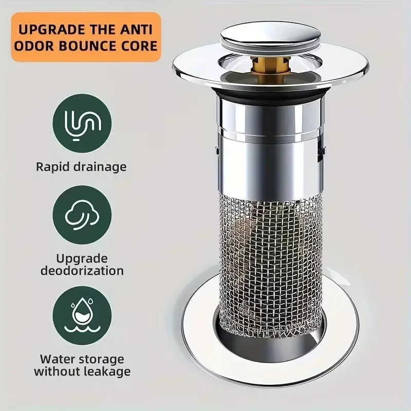 Stainless steel anti odor jumping sink drain with filter screen bouncing core universal press type drain plug easy to clean
Stainless steel anti odor jumping sink drain with filter screen bouncing core universal press type drain plug easy to clean