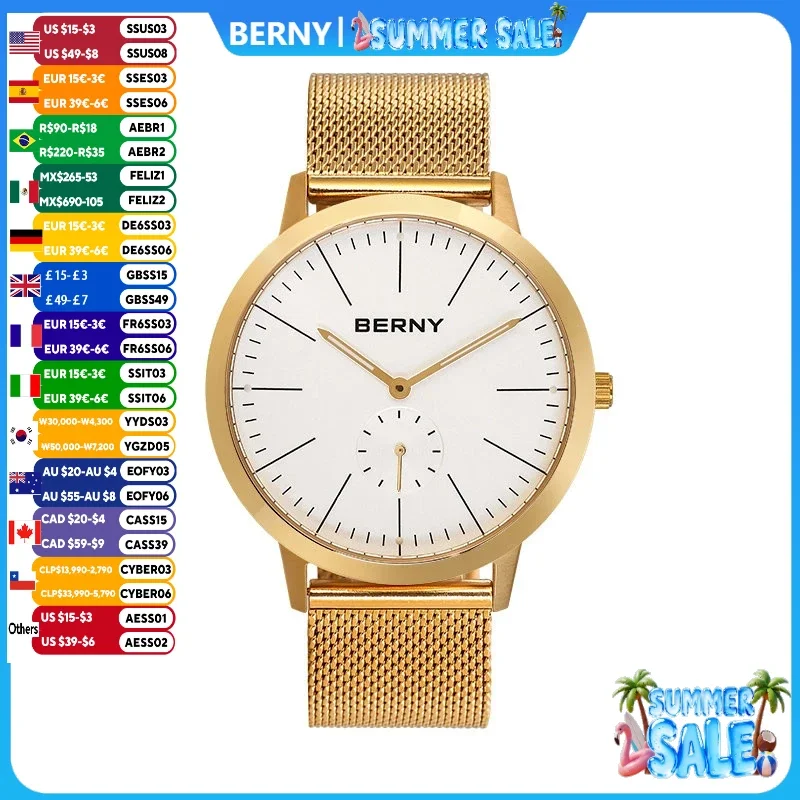 BERNY Gold Watches for Men Luminous Luxury Slim Quartz Men's watch Full Stainless Steel Fashion Casual 42mm Wristwatch
BERNY Gold Watches for Men Luminous Luxury Slim Quartz Men's watch Full Stainless Steel Fashion Casual 42mm Wristwatch