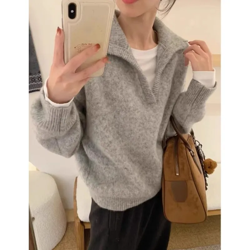 Женский вязаный свитер из 100% кашемира с лацканами, свободный шерстяной пуловер, свитер на осень и зиму
Женский вязаный свитер из 100% кашемира с лацканами, свободный шерстяной пуловер, свитер на осень и зиму