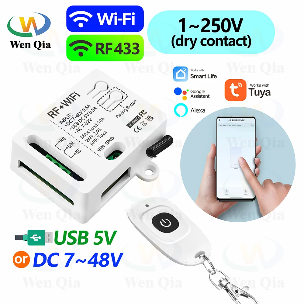 WiFi 433mhz Universal Wireless Smart Switch Tuya,DC 12V 24V 48V USB 5V,1-250V Dry Contact,DIY Switch,work with Alexa Google Home
WiFi 433mhz Universal Wireless Smart Switch Tuya,DC 12V 24V 48V USB 5V,1-250V Dry Contact,DIY Switch,work with Alexa Google Home