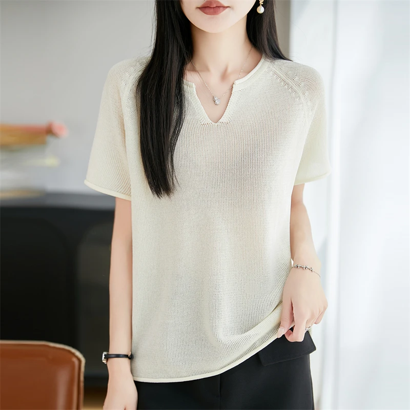 2026 summer new V-neck short sleeved linen knitted solid color pullover basic shirt office casual T-shirt
2026 summer new V-neck short sleeved linen knitted solid color pullover basic shirt office casual T-shirt