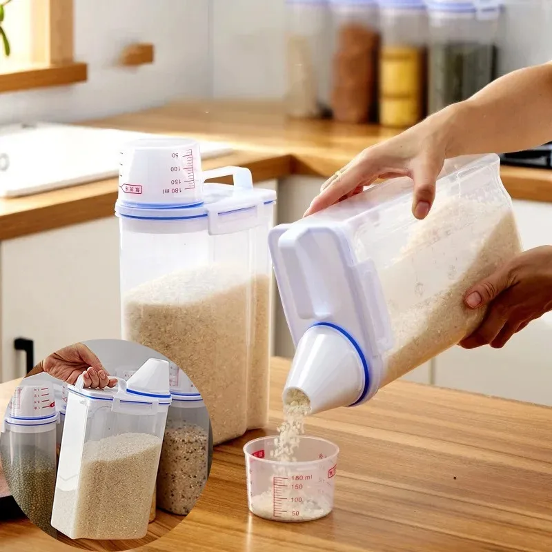 Влагостойкая банка для хранения зерна с прозрачной мерной маркировкой, защищенная от разливов крышка для риса, кормы для домашних животных, кухонная кладовая, организация 
Влагостойкая банка для хранения зерна с прозрачной мерной маркировкой, защищенная от разливов крышка для риса, кормы для домашних животных, кухонная кладовая, организация