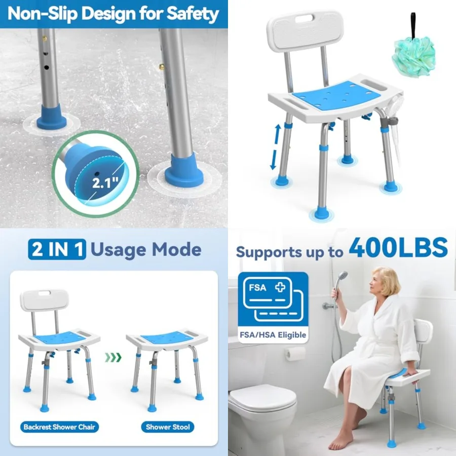 Shower Chair for Inside Shower with Removable Back, Adjustable Height, Eligible Bathroom Stool Supprts up to 400lbs
Shower Chair for Inside Shower with Removable Back, Adjustable Height, Eligible Bathroom Stool Supprts up to 400lbs