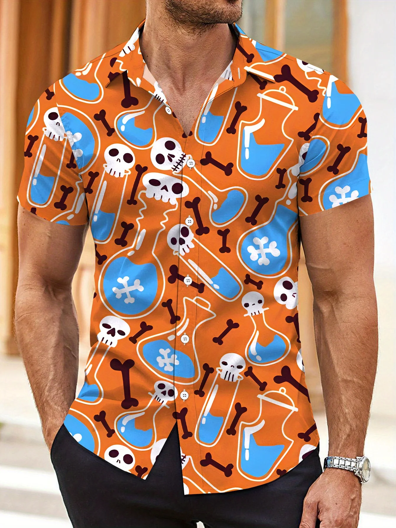 Men's 3D Skull & Bones Print Short Sleeve Shirt - Vibrant Orange & Blue Hot Transfer Graphic, Regular Fit Casual Summer Shirt
Men's 3D Skull & Bones Print Short Sleeve Shirt - Vibrant Orange & Blue Hot Transfer Graphic, Regular Fit Casual Summer Shirt