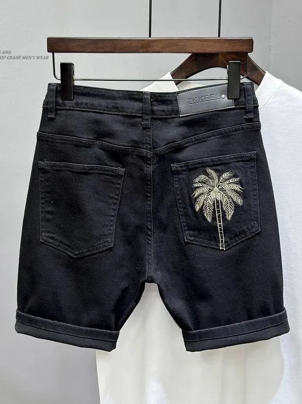 Summer New Style Men's Slim Fit Embroidered Denim Shorts Casual Black Coconut Tree Pattern Versatile Five-Quarter Length Jeans
Summer New Style Men's Slim Fit Embroidered Denim Shorts Casual Black Coconut Tree Pattern Versatile Five-Quarter Length Jeans