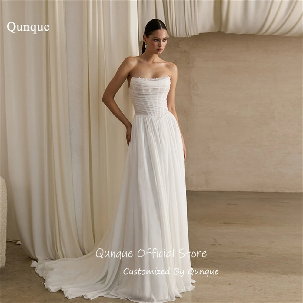 Qunque Ruched Chiffon Wedding Dresses Strapless Evening Dresses Floor Length Hem With Train Vestido De Novia Boda Customized
Qunque Ruched Chiffon Wedding Dresses Strapless Evening Dresses Floor Length Hem With Train Vestido De Novia Boda Customized