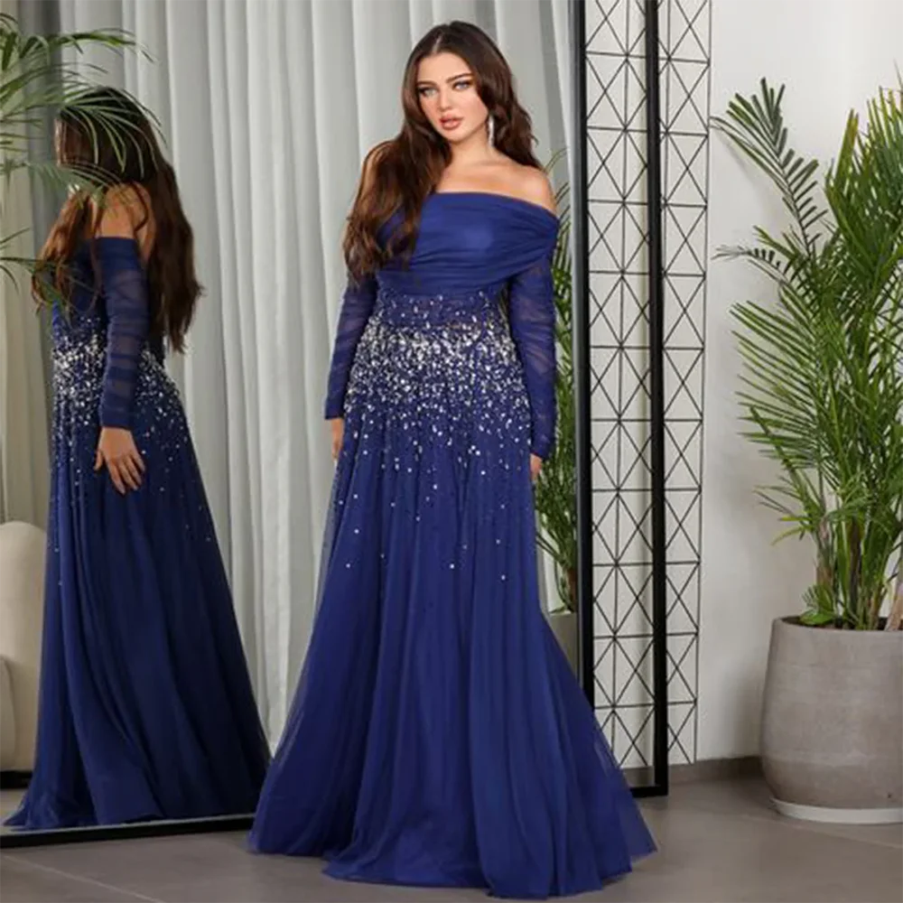 Luxury Crystal Evening Dress Off Shoulder Long Sleeves Royal Blue Evening Gown A Line Tulle Floor Length Prom Dresses Customized
Luxury Crystal Evening Dress Off Shoulder Long Sleeves Royal Blue Evening Gown A Line Tulle Floor Length Prom Dresses Customized