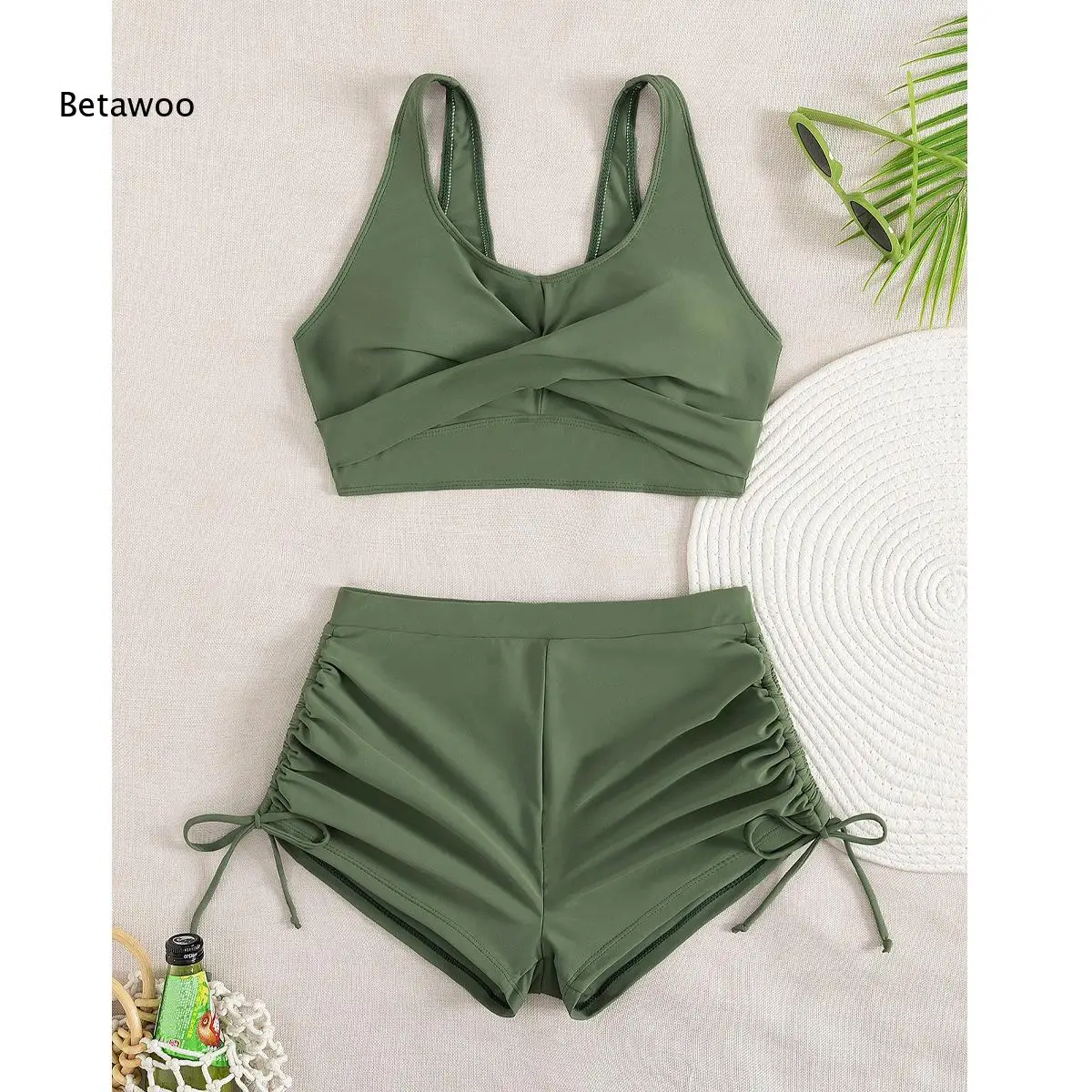 Solid Green Cross Front High Waist Drawstring Bikini Short Set
Solid Green Cross Front High Waist Drawstring Bikini Short Set