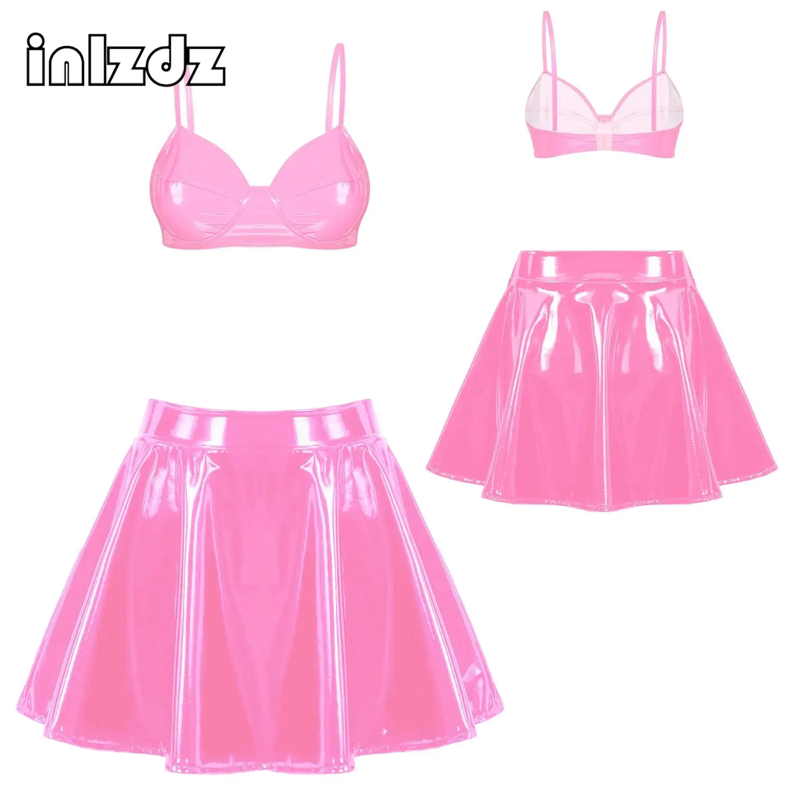 Womens Wet Look Patent Leather Set Wire-free Bra Top with Zipper Flared Skirt for Lingerie Night Club
Womens Wet Look Patent Leather Set Wire-free Bra Top with Zipper Flared Skirt for Lingerie Night Club