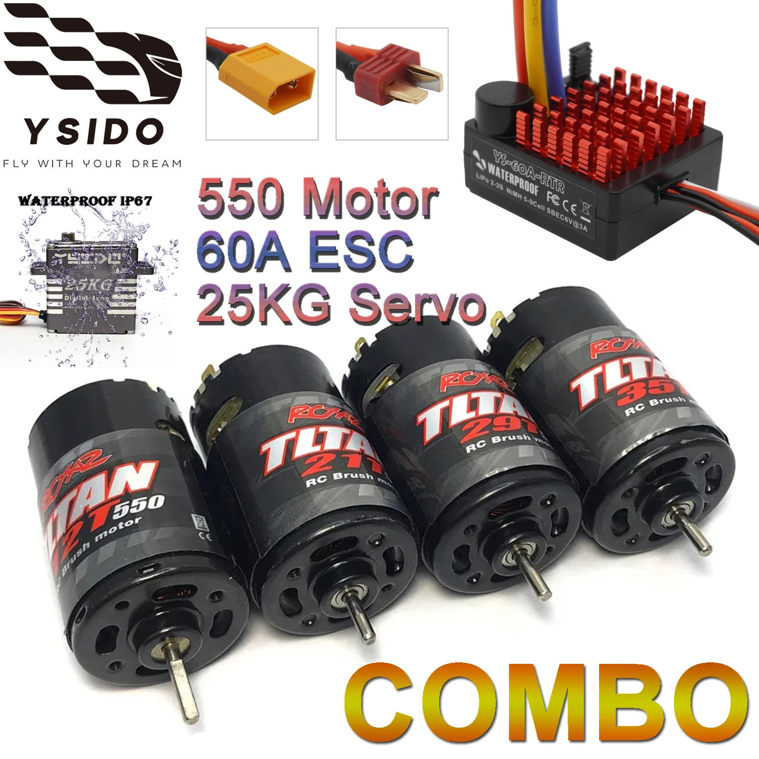 YSIDO 550 12T 21T 29T 35T Waterproof Brushed Motor 60A ESC 25kg Digital Servo Combo for 1/10 RC Crawler Axial SCX10 Traxxas TRX4
YSIDO 550 12T 21T 29T 35T Waterproof Brushed Motor 60A ESC 25kg Digital Servo Combo for 1/10 RC Crawler Axial SCX10 Traxxas TRX4