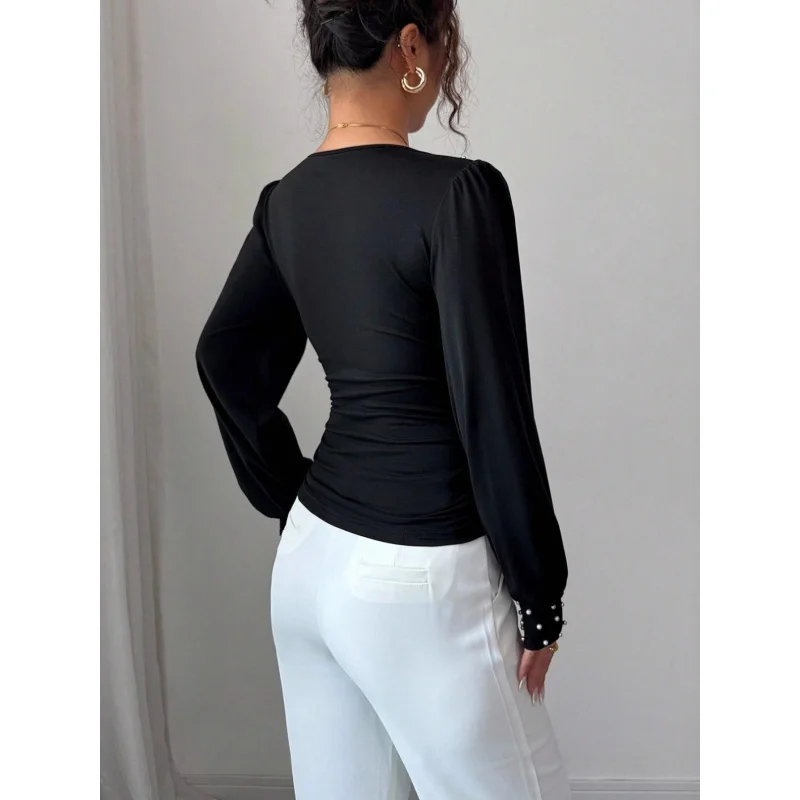 A -Made Long-Sleeved Slim-Shirt Women Featuring a Design, Crafted with Pearls in Solid Colors,
A -Made Long-Sleeved Slim-Shirt Women Featuring a Design, Crafted with Pearls in Solid Colors,