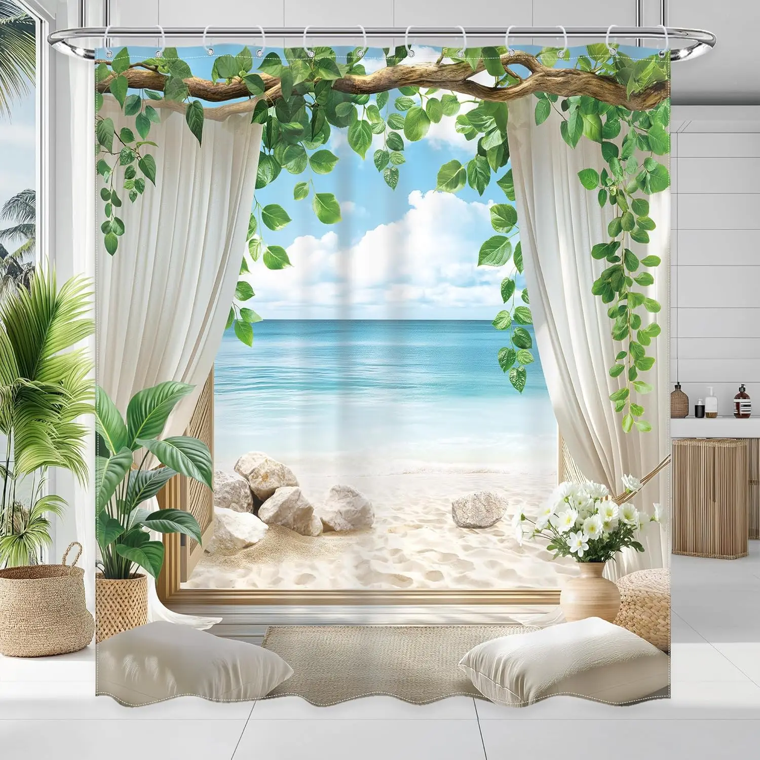 3D Window View Beach Ocean Shower Curtain with Tropical Leaves and White Sand Seaside Scenery for Bathroom Decor
3D Window View Beach Ocean Shower Curtain with Tropical Leaves and White Sand Seaside Scenery for Bathroom Decor