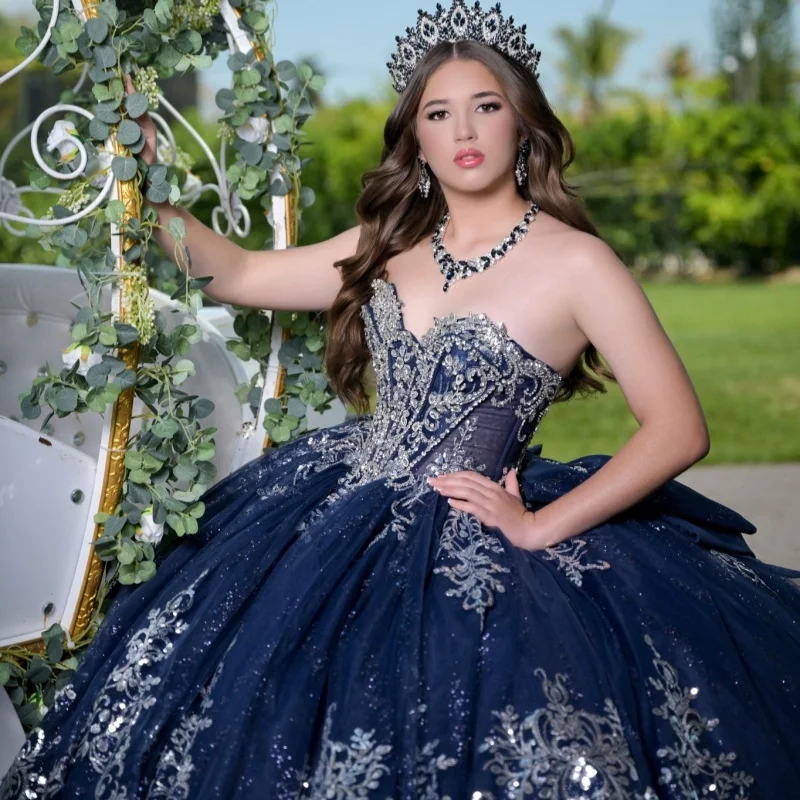 Shiny Dark Blue Quinceanera Dress off-shoulder Silvery Sequins Crystal Decal Bow Long tail vestidos de 15 Quinceanera Customize
Shiny Dark Blue Quinceanera Dress off-shoulder Silvery Sequins Crystal Decal Bow Long tail vestidos de 15 Quinceanera Customize