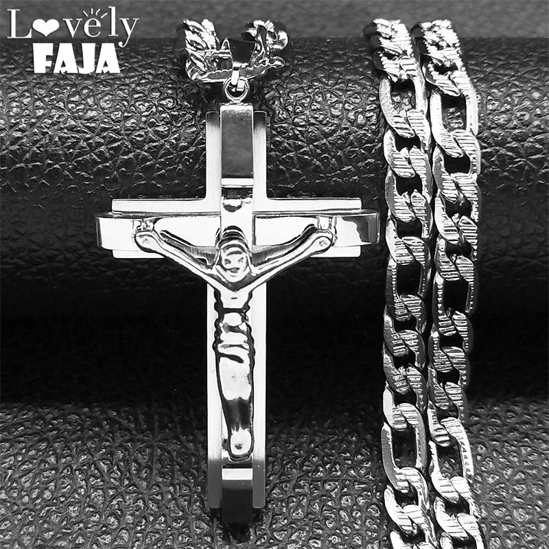 Jesus Cross Necklace for Men Stainless Steel Religious Catholic Crucifix Cuban Chain Layered Necklaces Male Party Jewelry NXS03
Jesus Cross Necklace for Men Stainless Steel Religious Catholic Crucifix Cuban Chain Layered Necklaces Male Party Jewelry NXS03