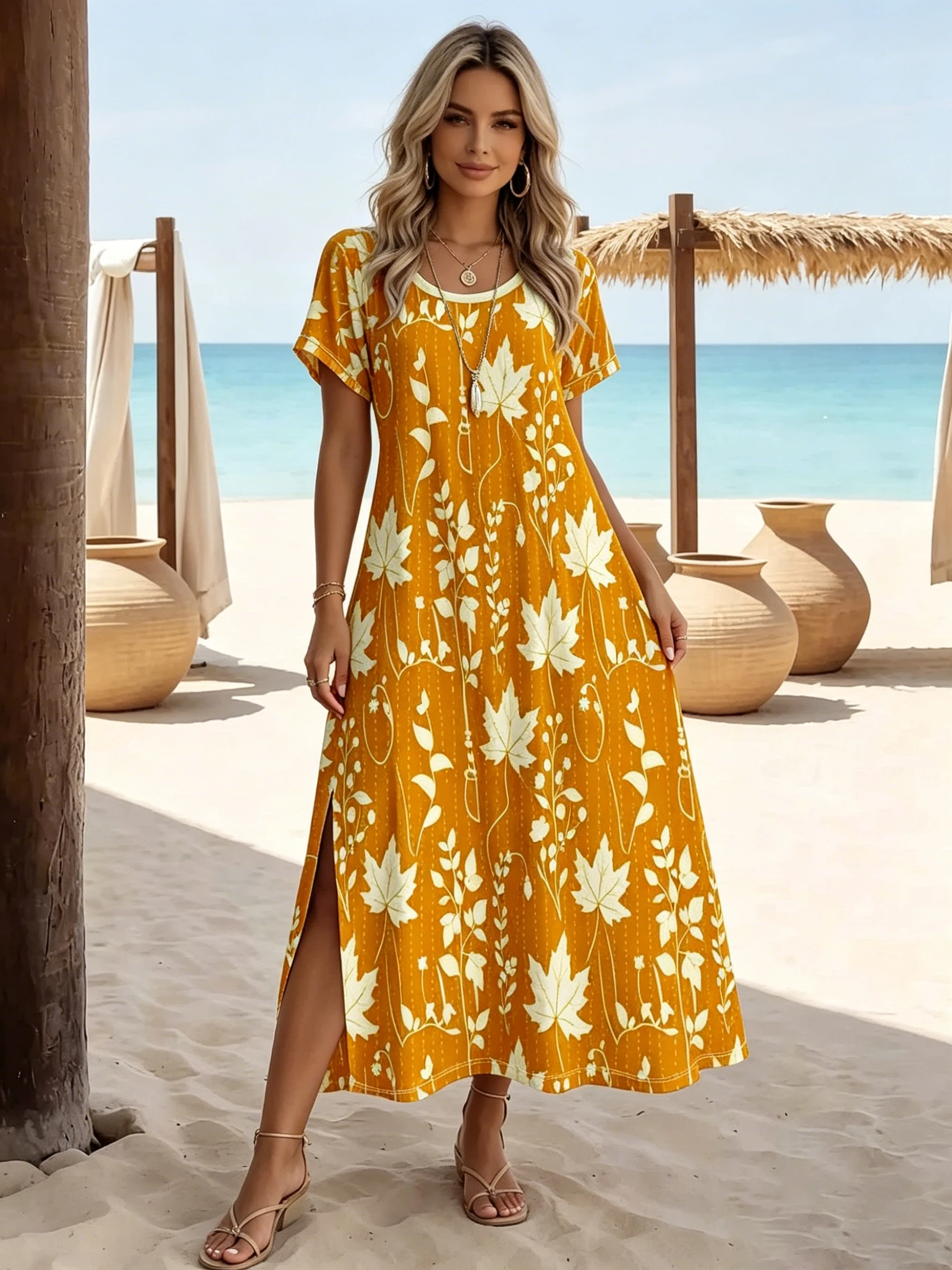 Women's Yellow Maple Leaf Print Maxi Dress Short Sleeve O-Neck Split Casual Summer Beach Sundress Vestidos
Women's Yellow Maple Leaf Print Maxi Dress Short Sleeve O-Neck Split Casual Summer Beach Sundress Vestidos