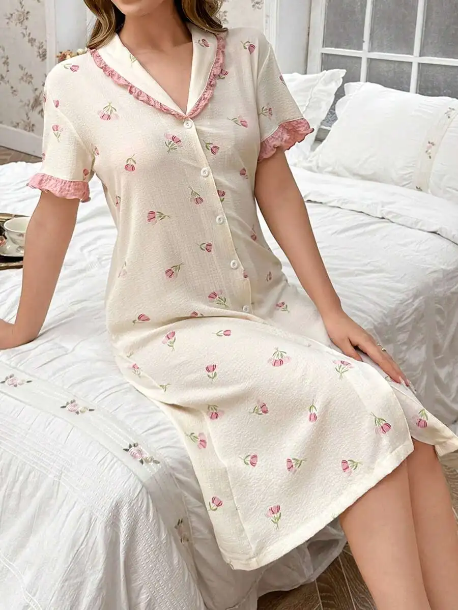 Floral Print Button-Up Sleep Dress With Ruffled Collar And Short Sleeves
Floral Print Button-Up Sleep Dress With Ruffled Collar And Short Sleeves