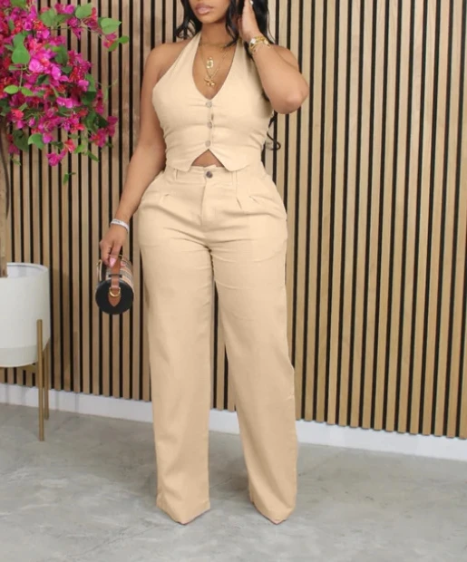 Elegant two Piece Set Women Outfit 2025 Solid Color V-Neck Hanging Neck Backless Crop Vest High Waist Casual Straight Pants Set
Elegant two Piece Set Women Outfit 2025 Solid Color V-Neck Hanging Neck Backless Crop Vest High Waist Casual Straight Pants Set