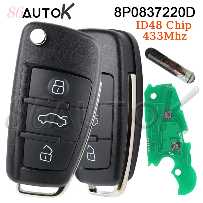 8P0837220D Remote Key Fob for A6L A1 A3 TT S1 S3 Q3 Q7 433Mhz ID48 Chip 3 Buttons Smart Car Flip Folding Key No Logo Uncut Blade
8P0837220D Remote Key Fob for A6L A1 A3 TT S1 S3 Q3 Q7 433Mhz ID48 Chip 3 Buttons Smart Car Flip Folding Key No Logo Uncut Blade