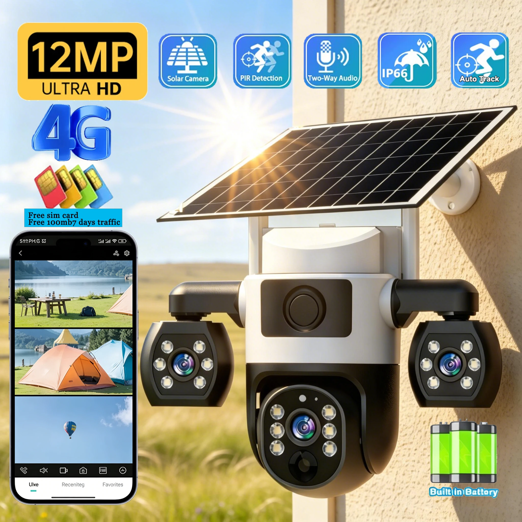 Solar Camera with 4G SIM 12MP HD Outdoor 10x Zoom PIR Human Detection Camera Night Vision CCTV Built-in Battery Security
Solar Camera with 4G SIM 12MP HD Outdoor 10x Zoom PIR Human Detection Camera Night Vision CCTV Built-in Battery Security